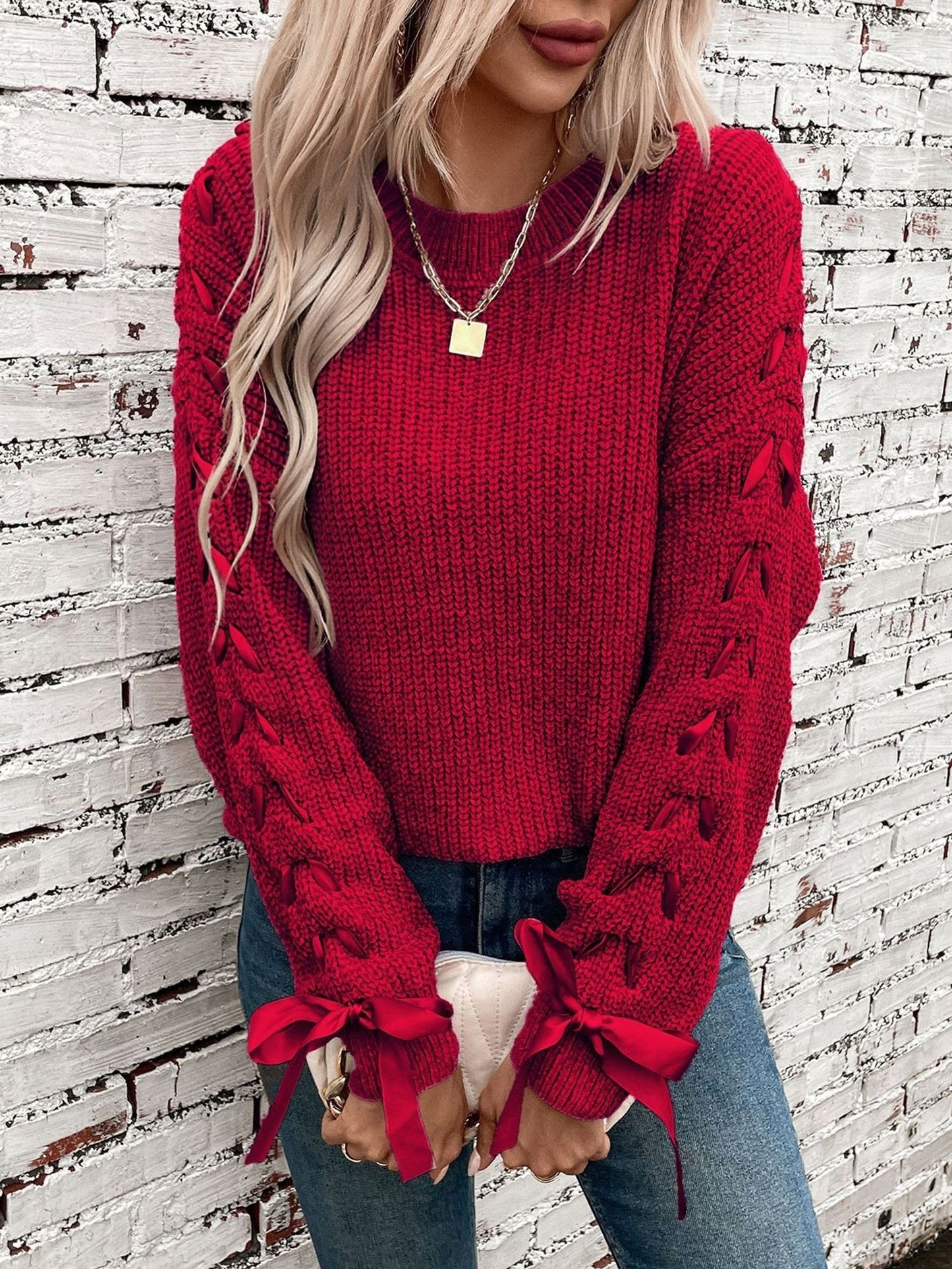 Crew Neck Lace-Up Bow Long Sleeves Sweater