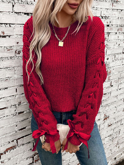 Crew Neck Lace-Up Bow Long Sleeves Sweater