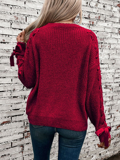 Crew Neck Lace-Up Bow Long Sleeves Sweater