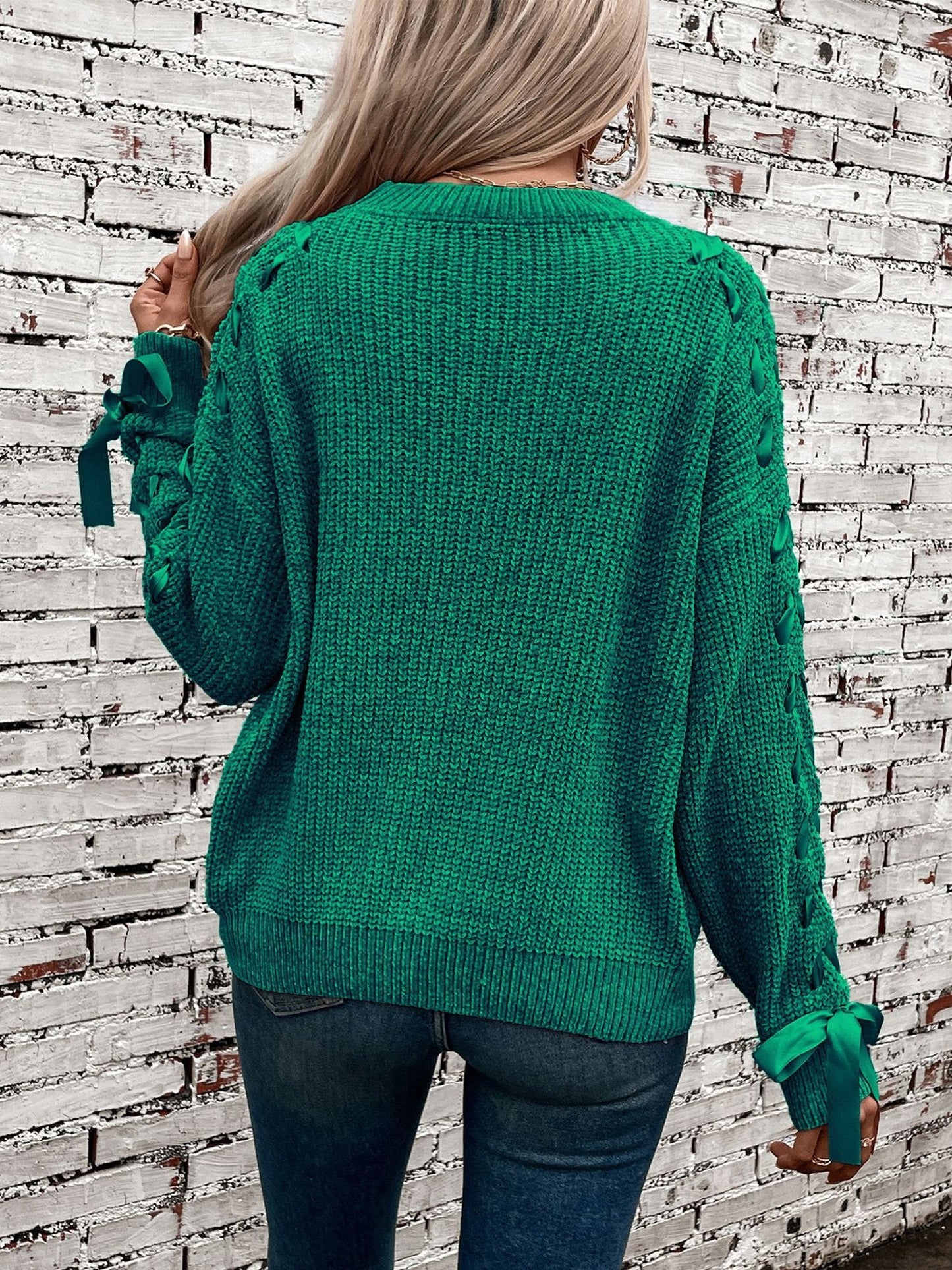 Crew Neck Lace-Up Bow Long Sleeves Sweater