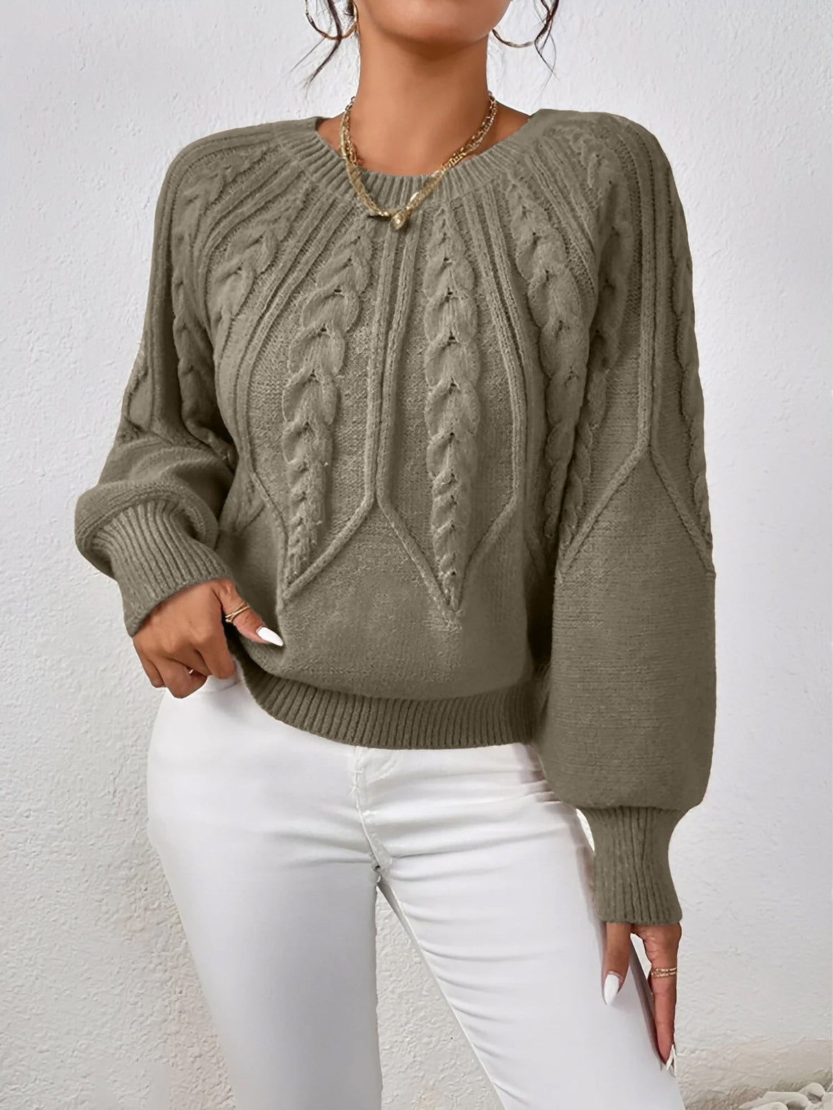 Crew Neck Cable Knit Solid Color Sweater