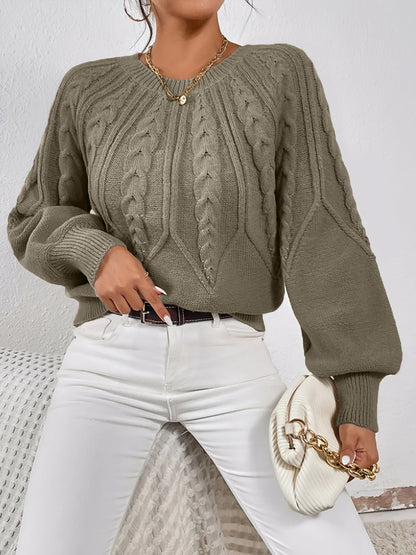 Crew Neck Cable Knit Solid Color Sweater