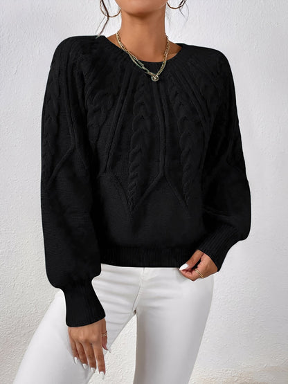 Crew Neck Cable Knit Solid Color Sweater