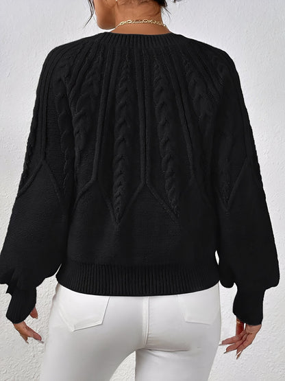 Crew Neck Cable Knit Solid Color Sweater
