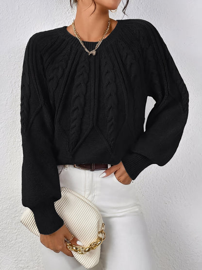 Crew Neck Cable Knit Solid Color Sweater