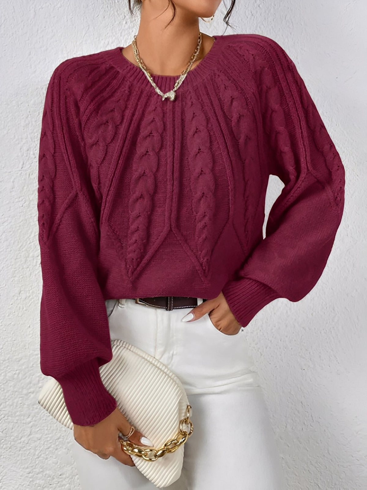 Crew Neck Cable Knit Solid Color Sweater