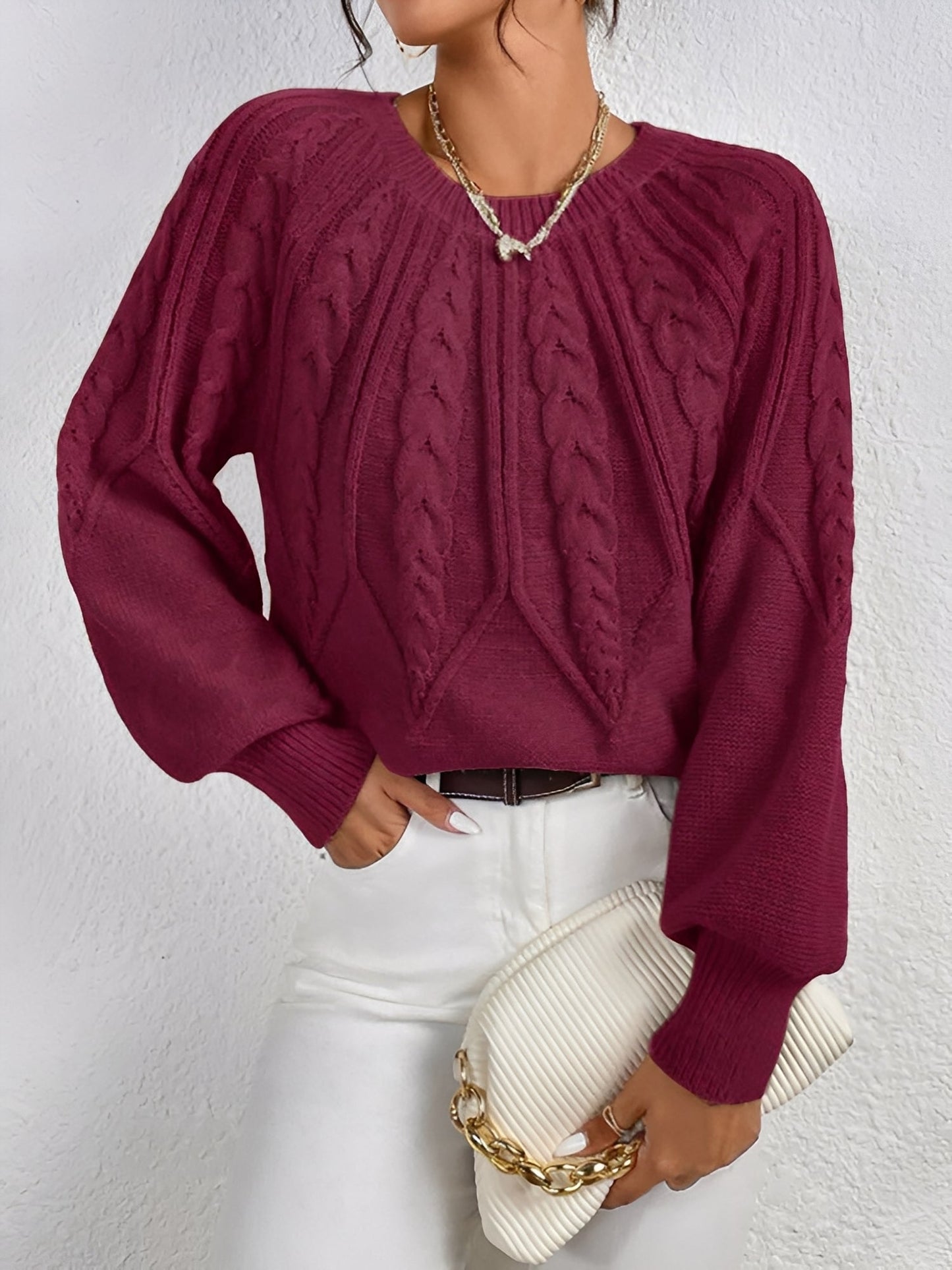 Crew Neck Cable Knit Solid Color Sweater