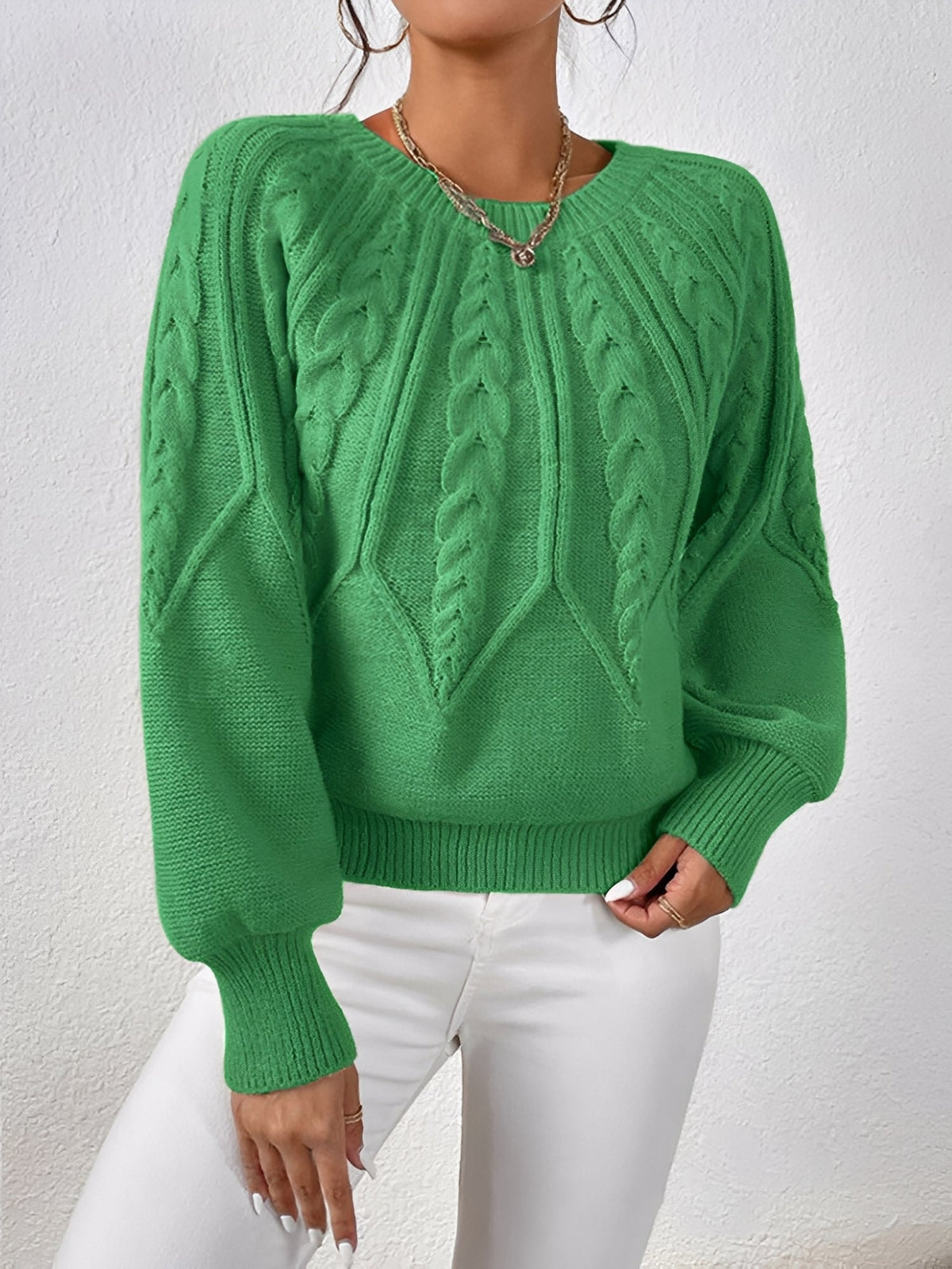 Crew Neck Cable Knit Solid Color Sweater