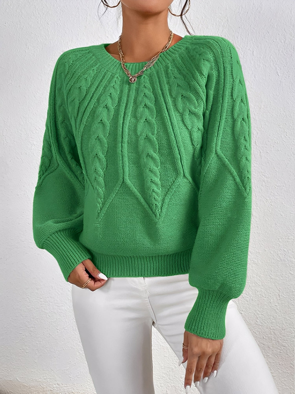 Crew Neck Cable Knit Solid Color Sweater