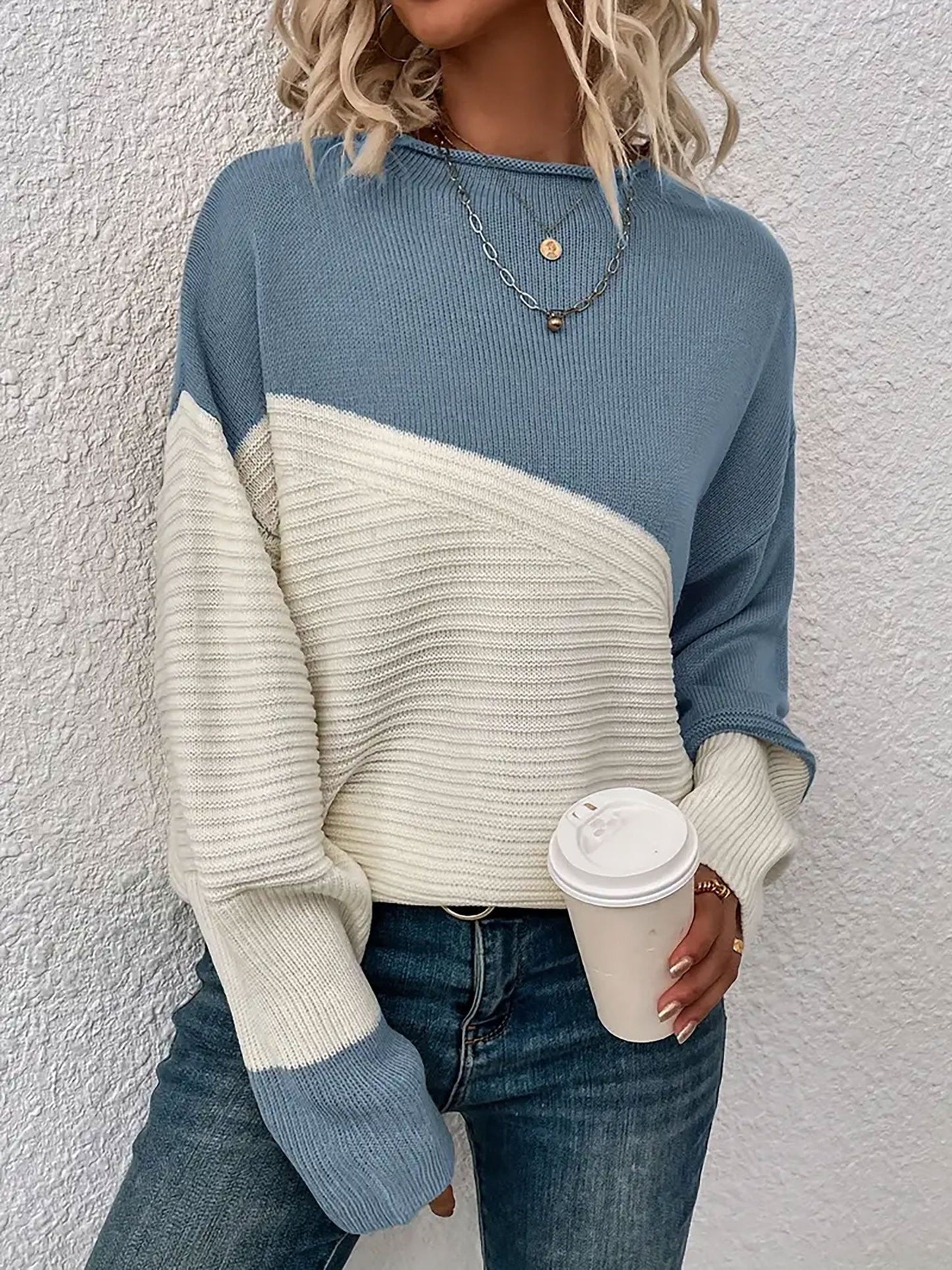 Crew Neck Colorblock Drop Shoulder Long Sleeves Sweater