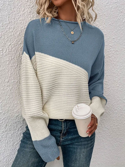 Crew Neck Colorblock Drop Shoulder Long Sleeves Sweater