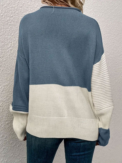 Crew Neck Colorblock Drop Shoulder Long Sleeves Sweater