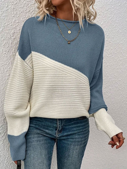 Crew Neck Colorblock Drop Shoulder Long Sleeves Sweater