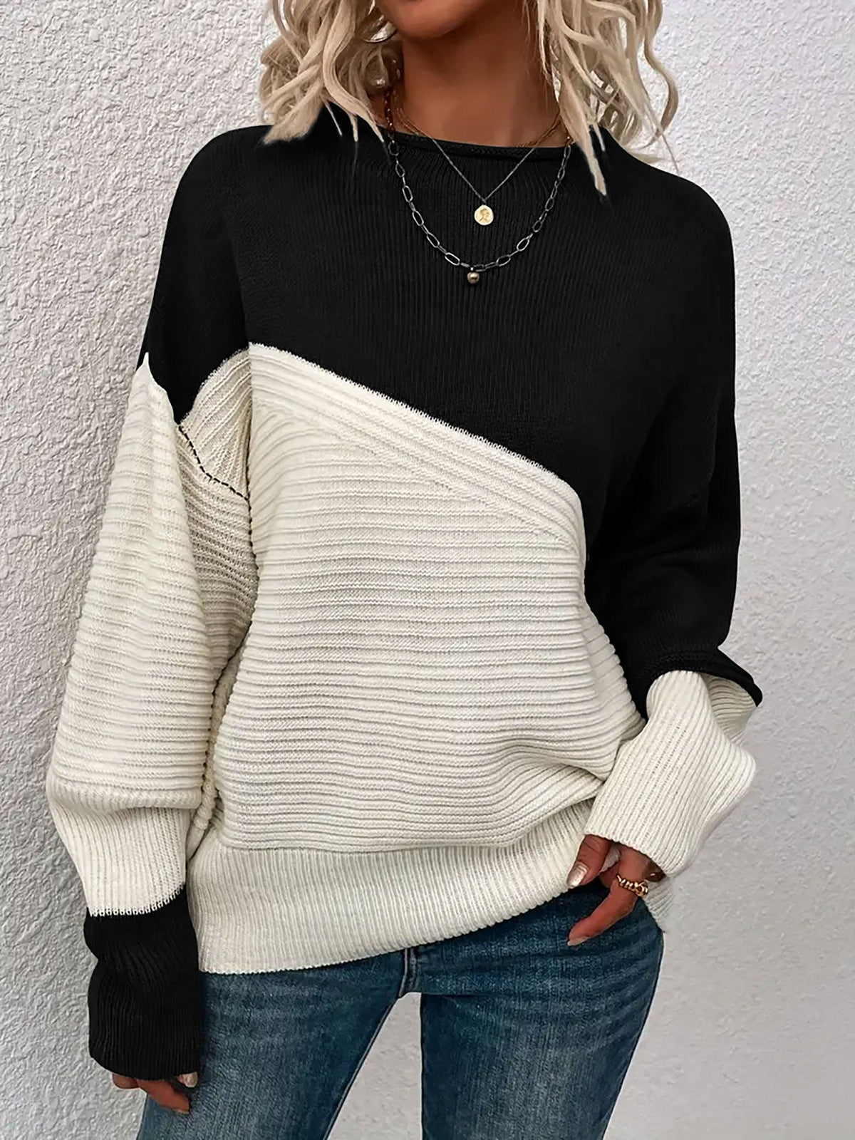 Crew Neck Colorblock Drop Shoulder Long Sleeves Sweater