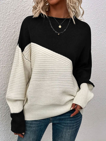 Crew Neck Colorblock Drop Shoulder Long Sleeves Sweater