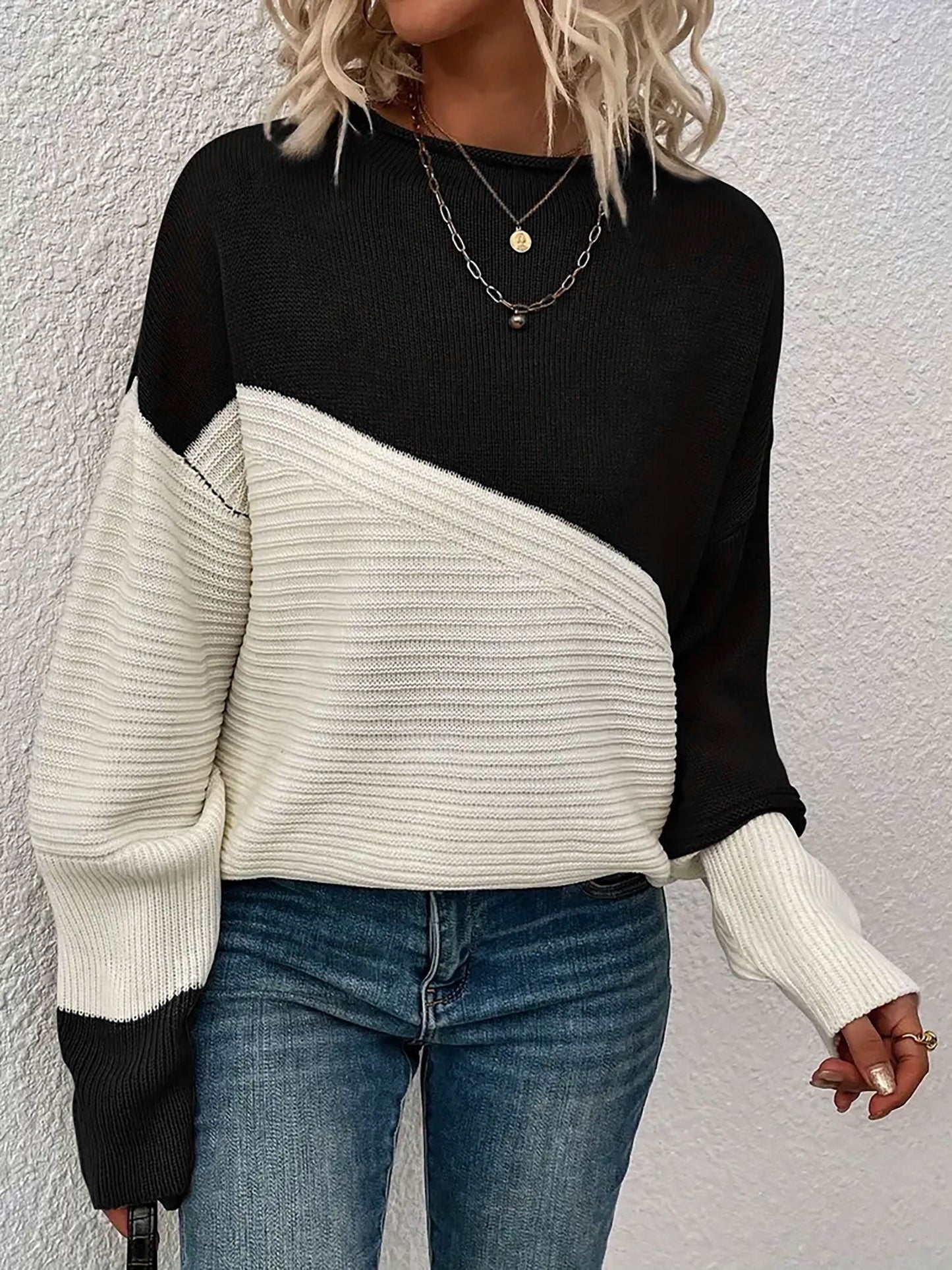 Crew Neck Colorblock Drop Shoulder Long Sleeves Sweater