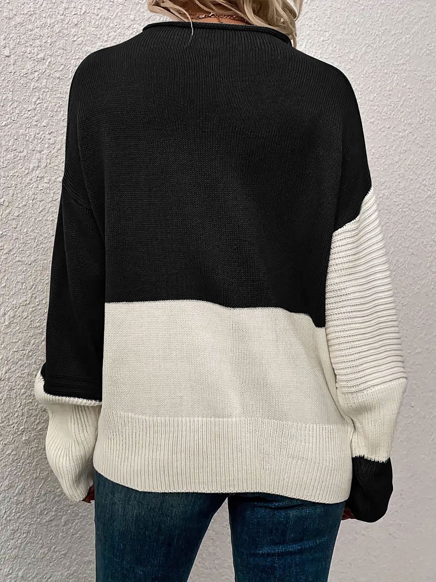 Crew Neck Colorblock Drop Shoulder Long Sleeves Sweater