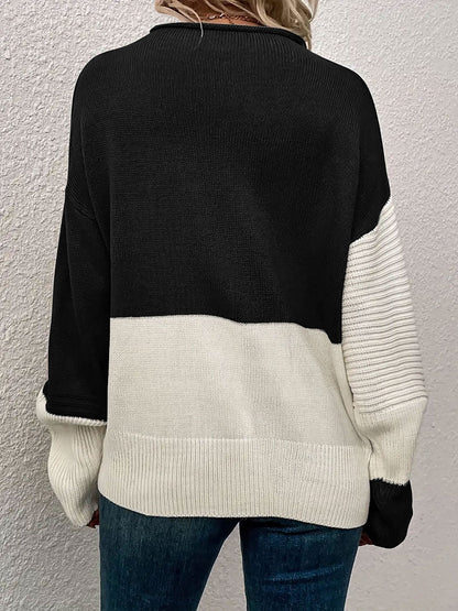 Crew Neck Colorblock Drop Shoulder Long Sleeves Sweater