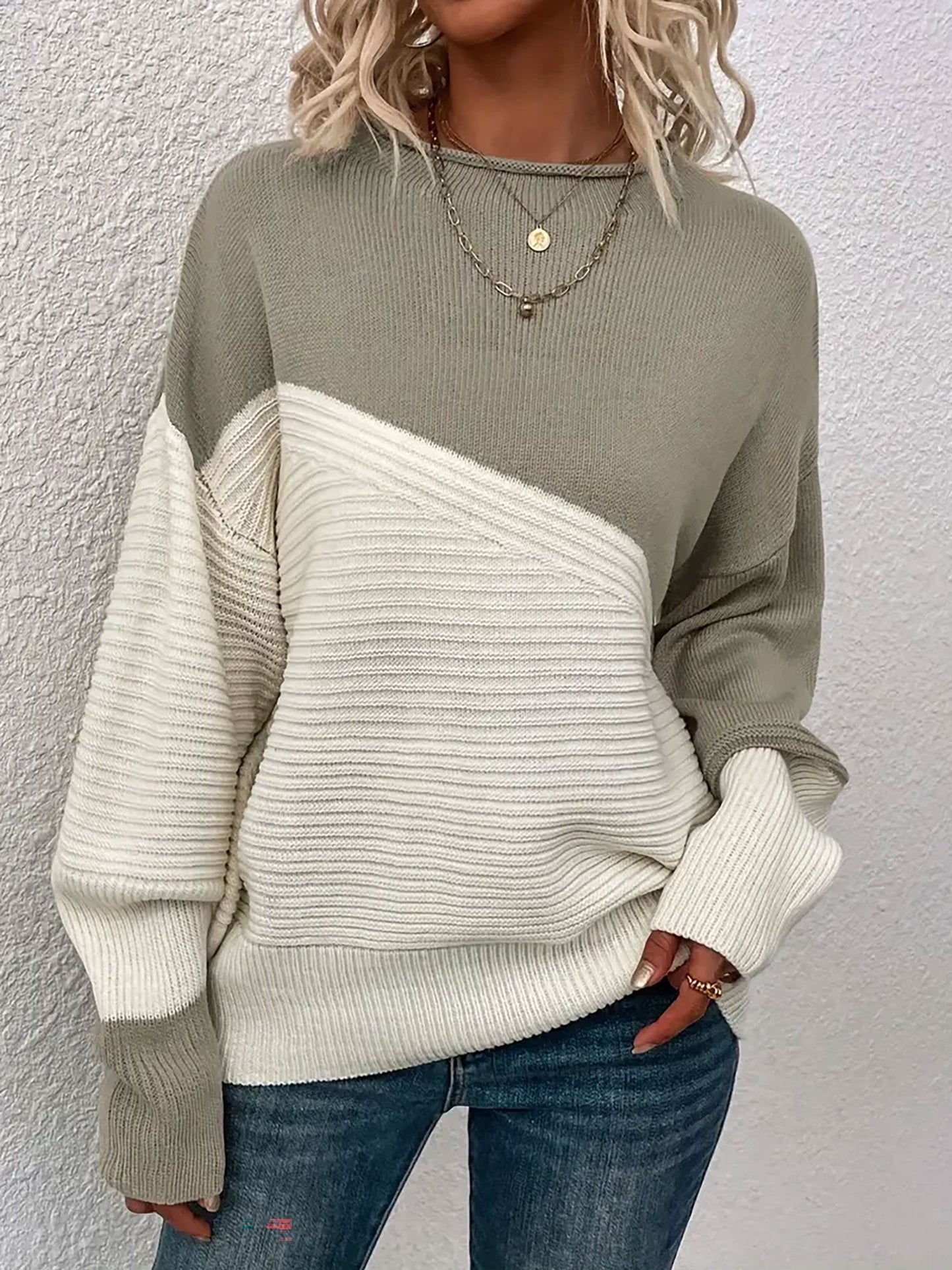 Crew Neck Colorblock Drop Shoulder Long Sleeves Sweater