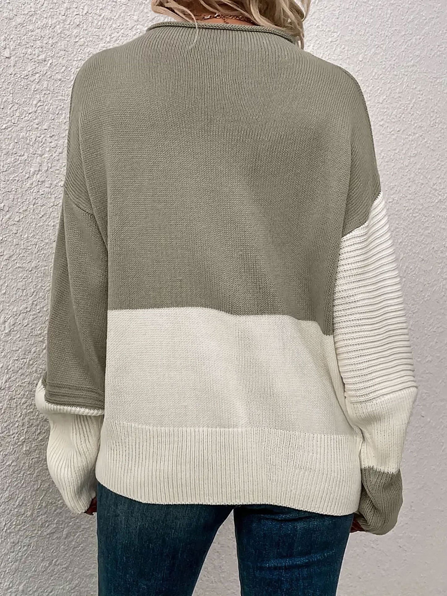 Crew Neck Colorblock Drop Shoulder Long Sleeves Sweater