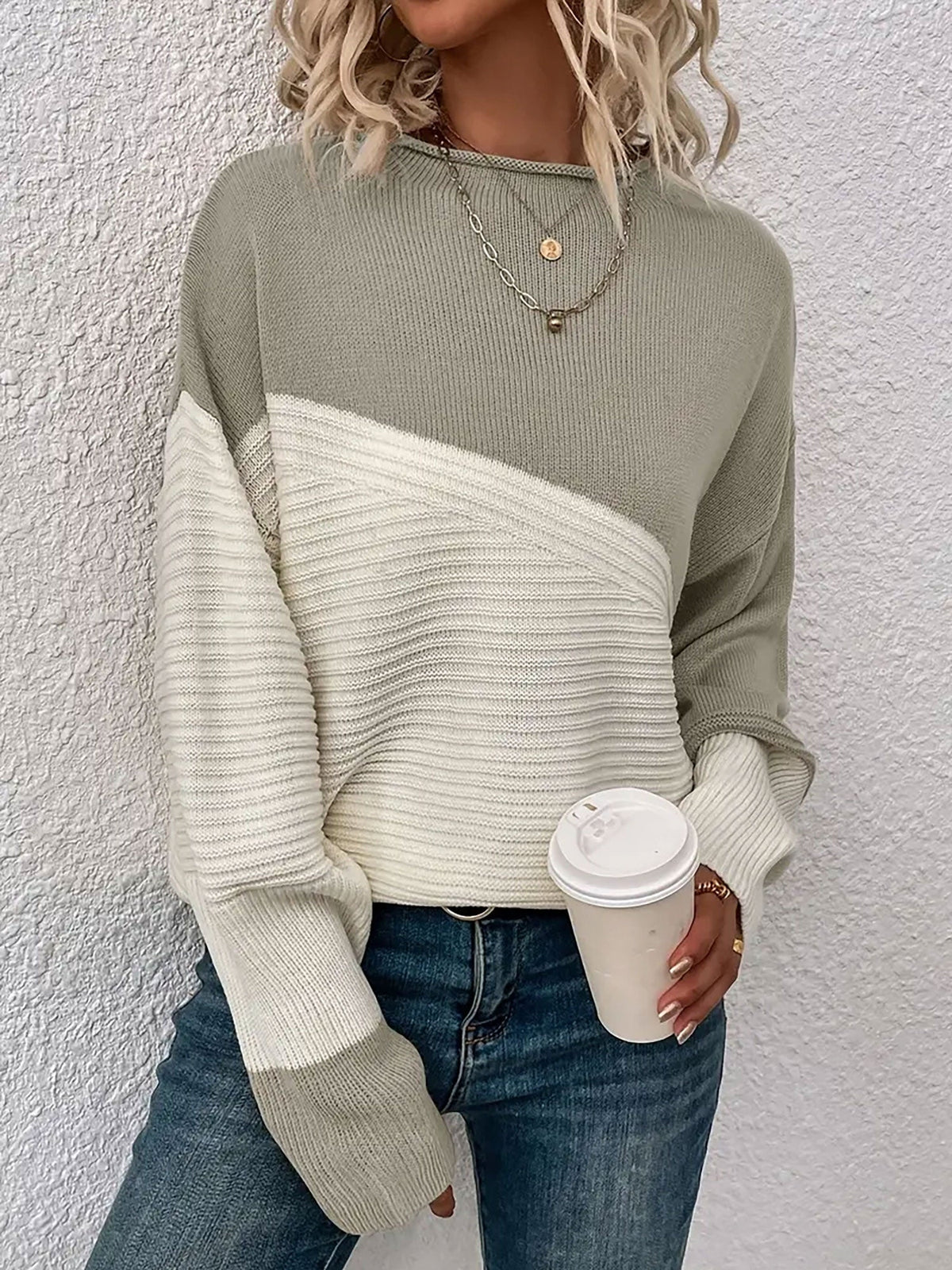 Crew Neck Colorblock Drop Shoulder Long Sleeves Sweater