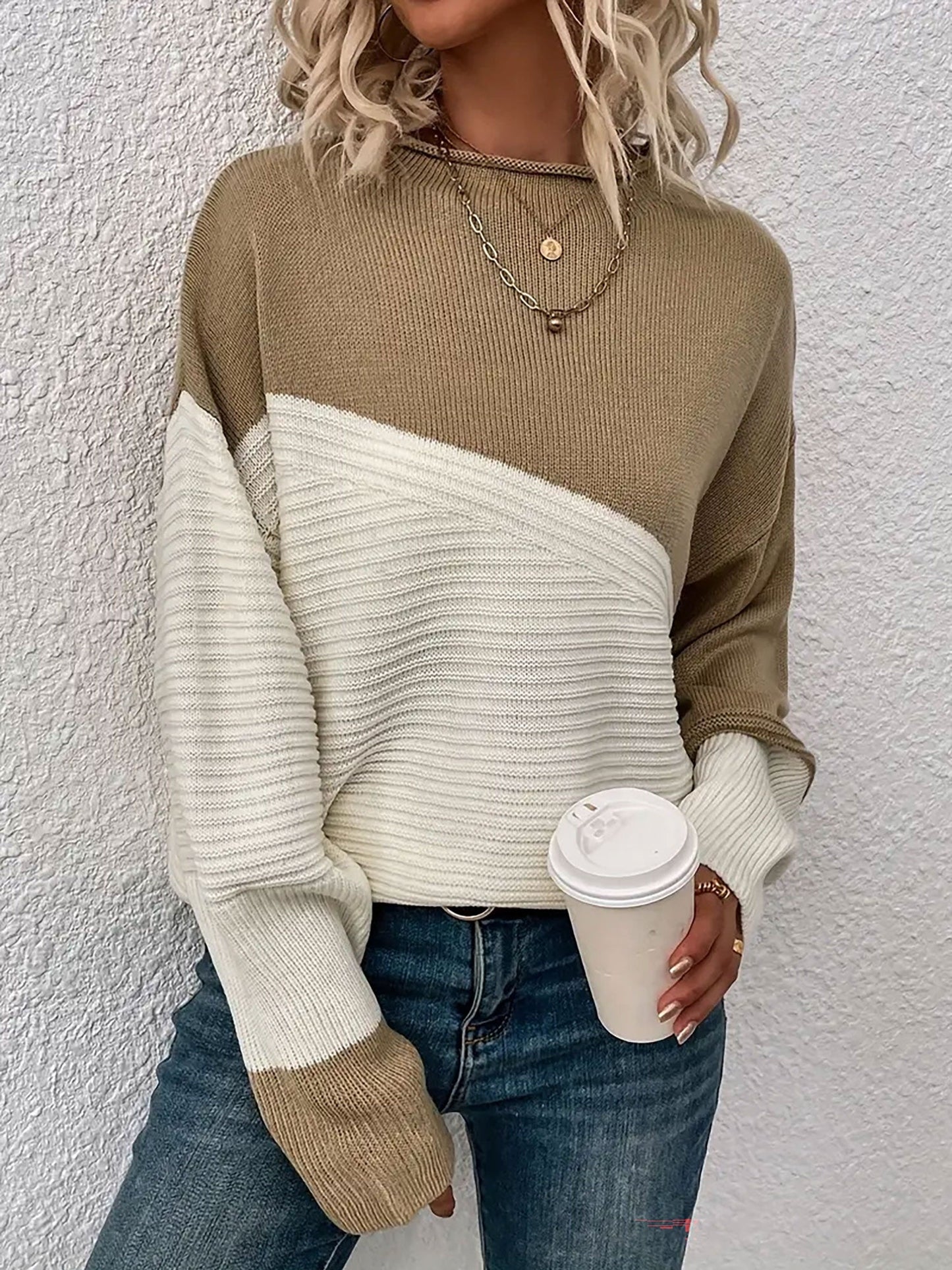 Crew Neck Colorblock Drop Shoulder Long Sleeves Sweater