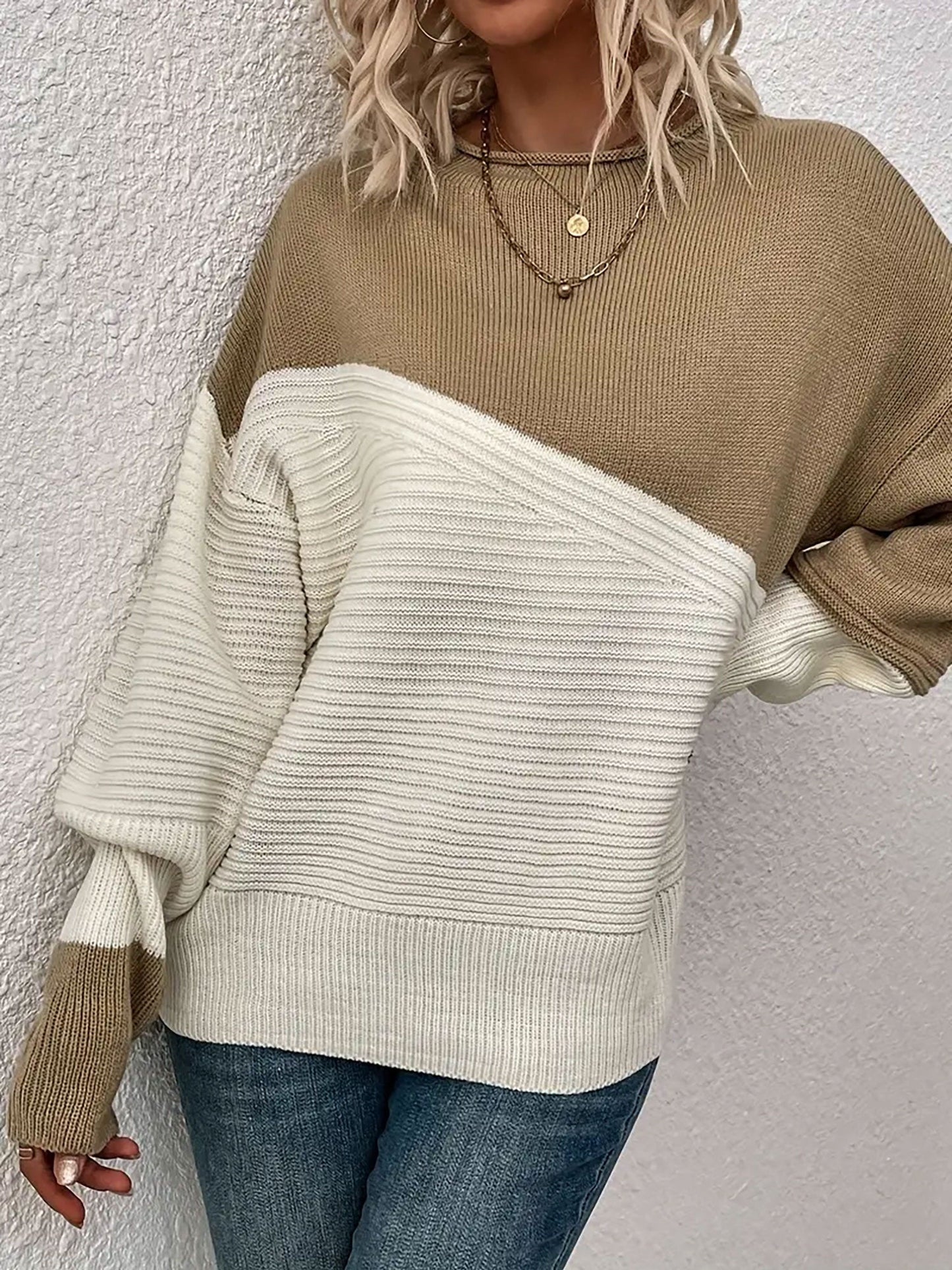 Crew Neck Colorblock Drop Shoulder Long Sleeves Sweater