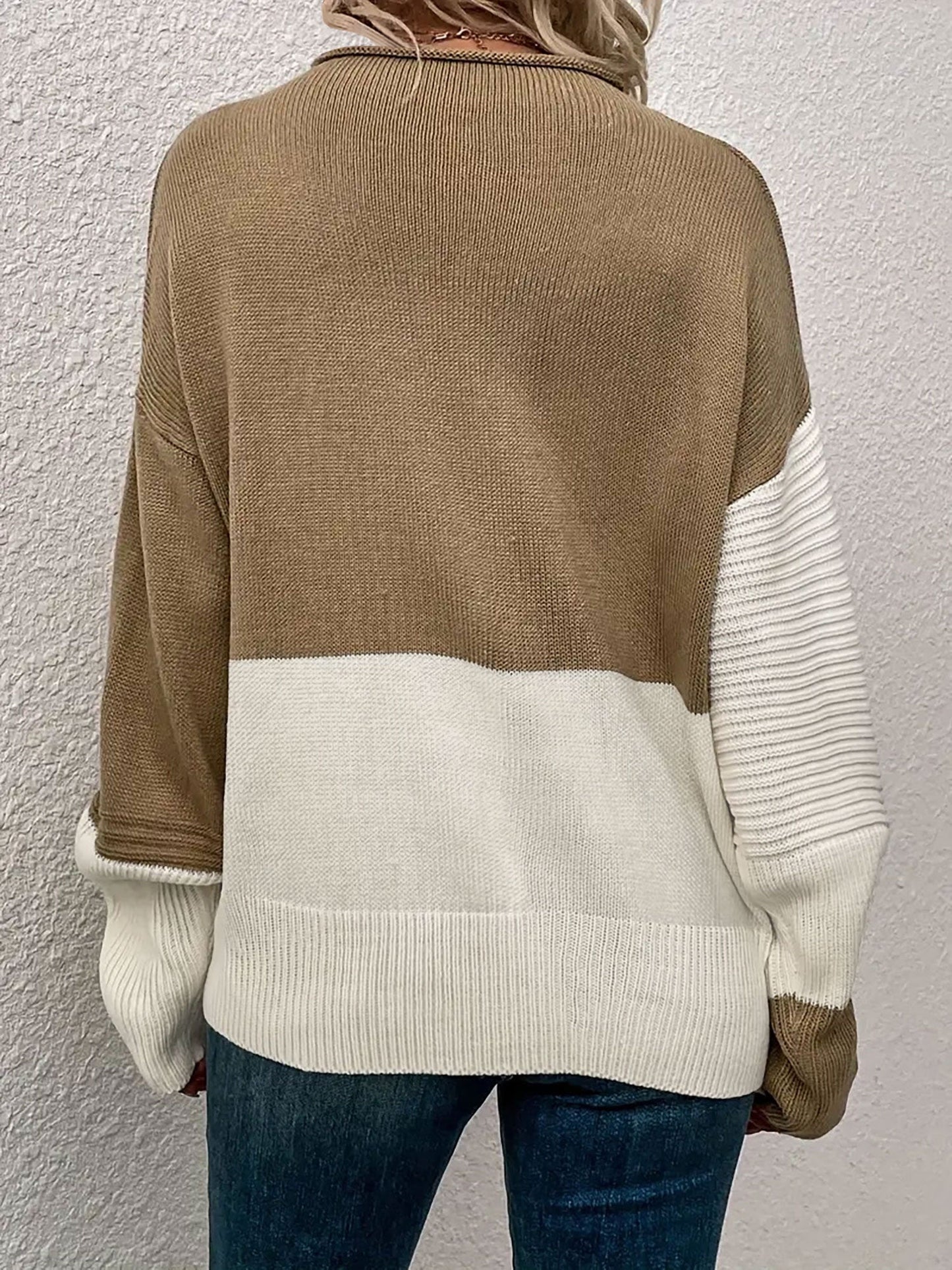 Crew Neck Colorblock Drop Shoulder Long Sleeves Sweater