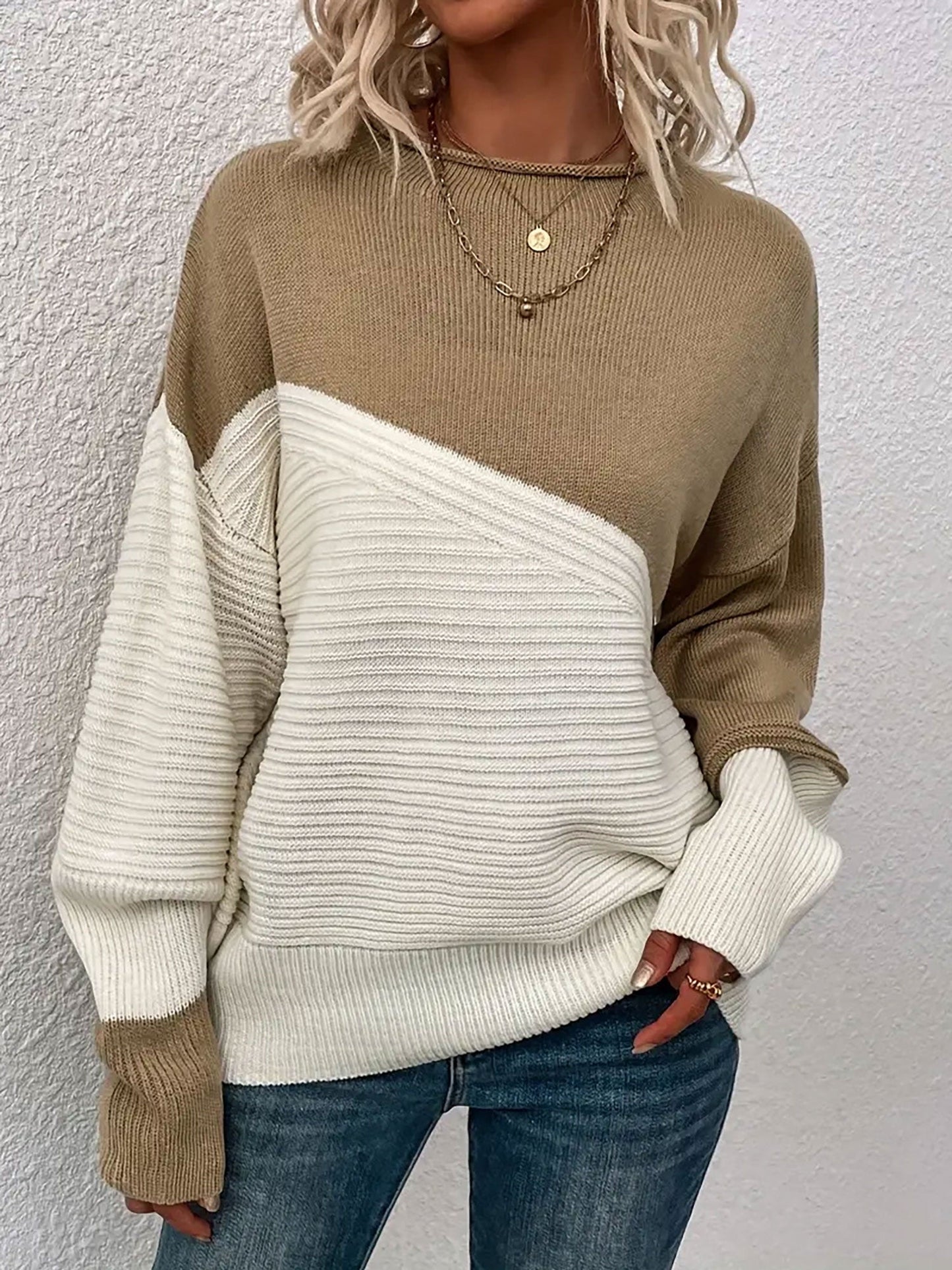 Crew Neck Colorblock Drop Shoulder Long Sleeves Sweater
