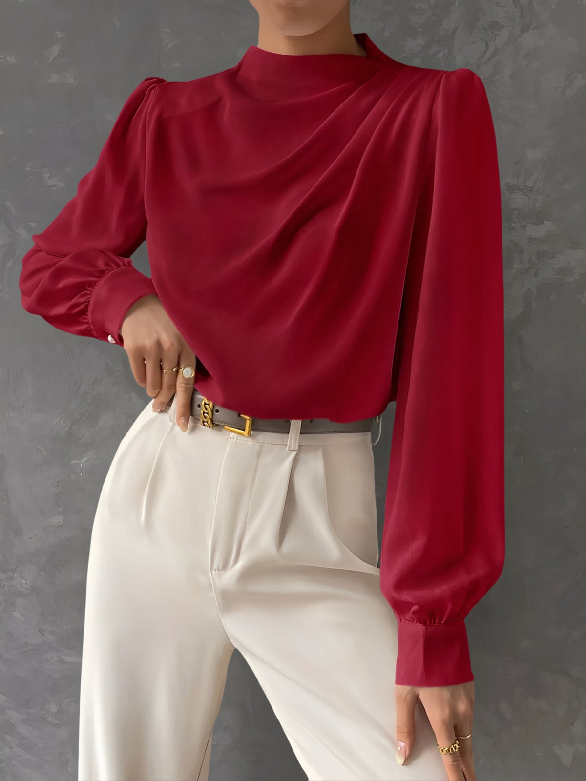 Satin Mock Neck Ruched Puff Sleeves Work Blouse