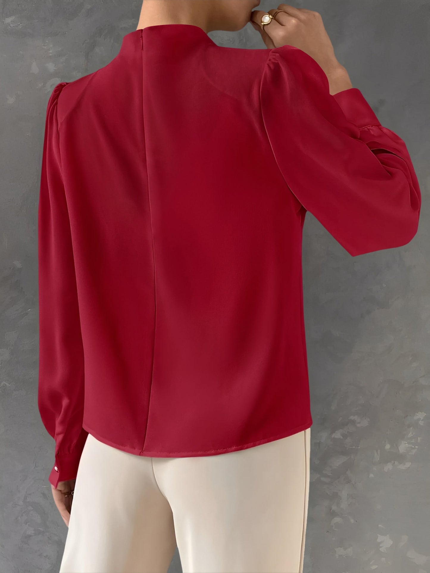 Satin Mock Neck Ruched Puff Sleeves Work Blouse