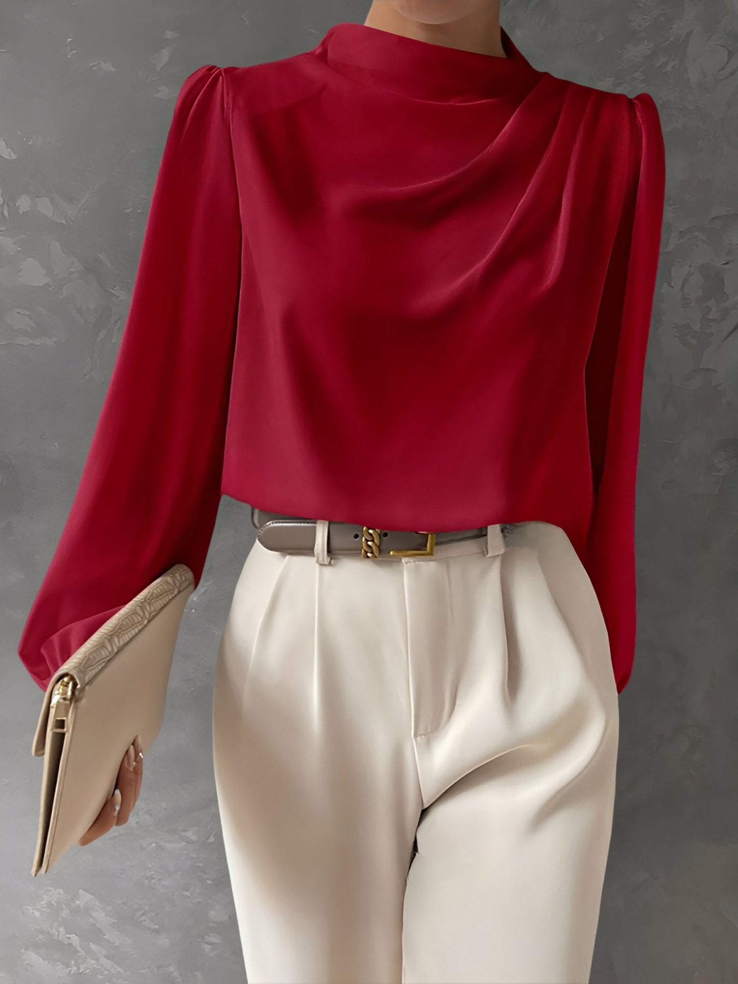 Satin Mock Neck Ruched Puff Sleeves Work Blouse