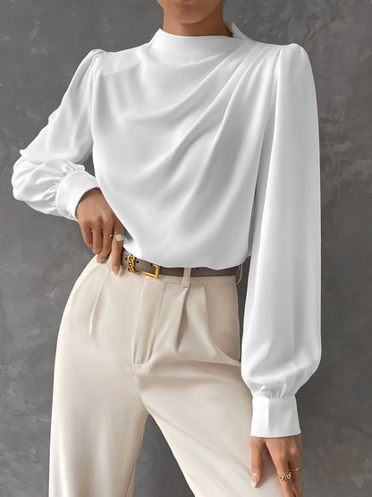 Satin Mock Neck Ruched Puff Sleeves Work Blouse