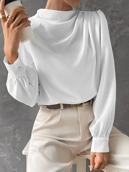 Satin Mock Neck Ruched Puff Sleeves Work Blouse