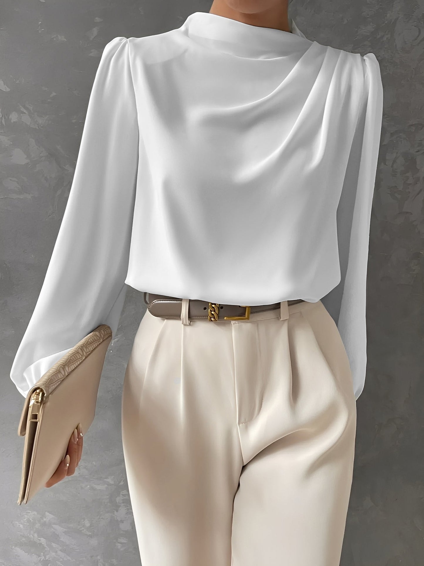 Satin Mock Neck Ruched Puff Sleeves Work Blouse