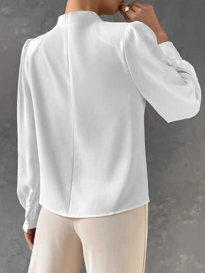 Satin Mock Neck Ruched Puff Sleeves Work Blouse