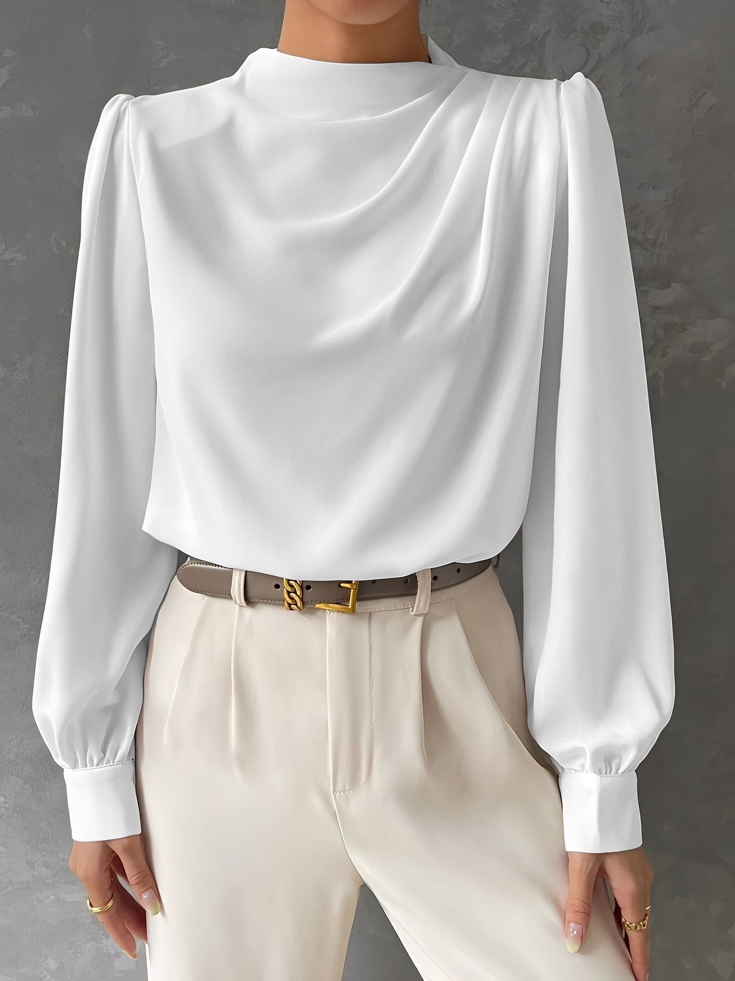 Satin Mock Neck Ruched Puff Sleeves Work Blouse