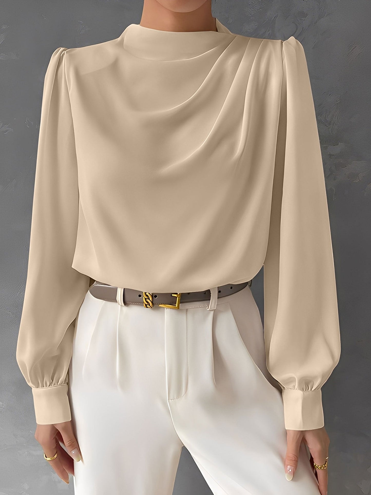 Satin Mock Neck Ruched Puff Sleeves Work Blouse