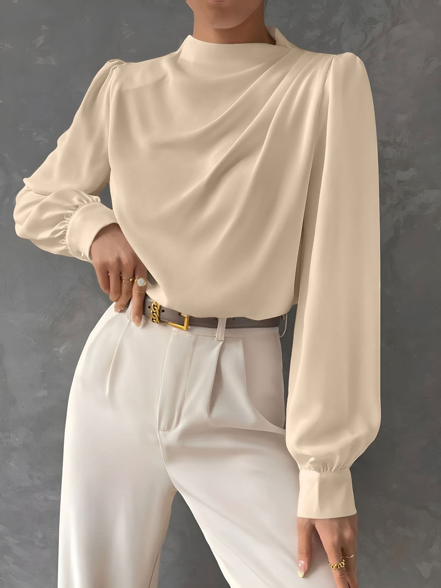 Satin Mock Neck Ruched Puff Sleeves Work Blouse
