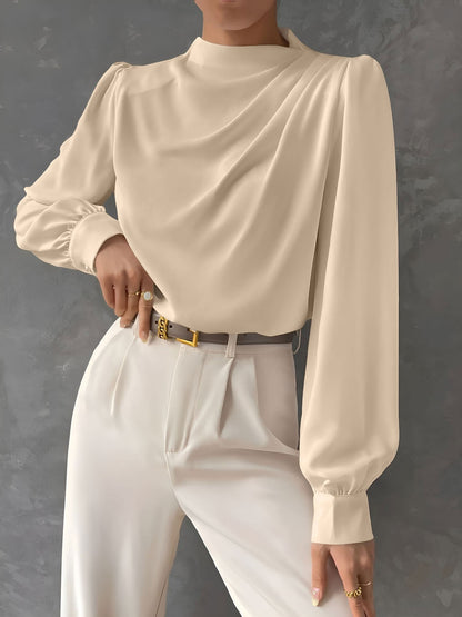 Satin Mock Neck Ruched Puff Sleeves Work Blouse