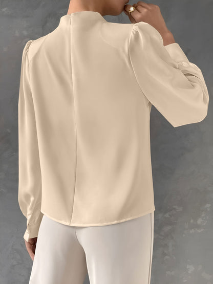 Satin Mock Neck Ruched Puff Sleeves Work Blouse