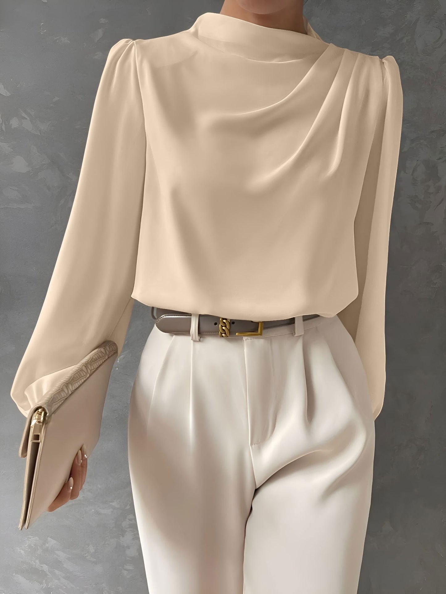 Satin Mock Neck Ruched Puff Sleeves Work Blouse