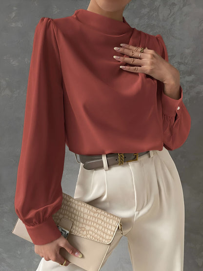 Satin Mock Neck Ruched Puff Sleeves Work Blouse