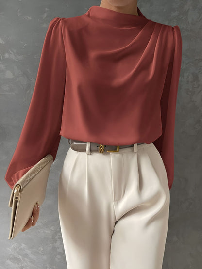 Satin Mock Neck Ruched Puff Sleeves Work Blouse