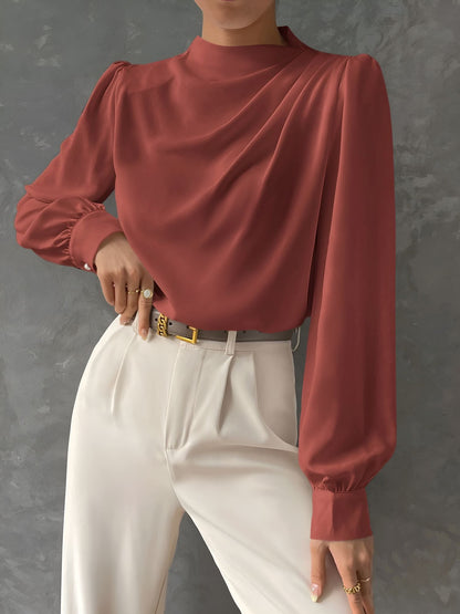 Satin Mock Neck Ruched Puff Sleeves Work Blouse