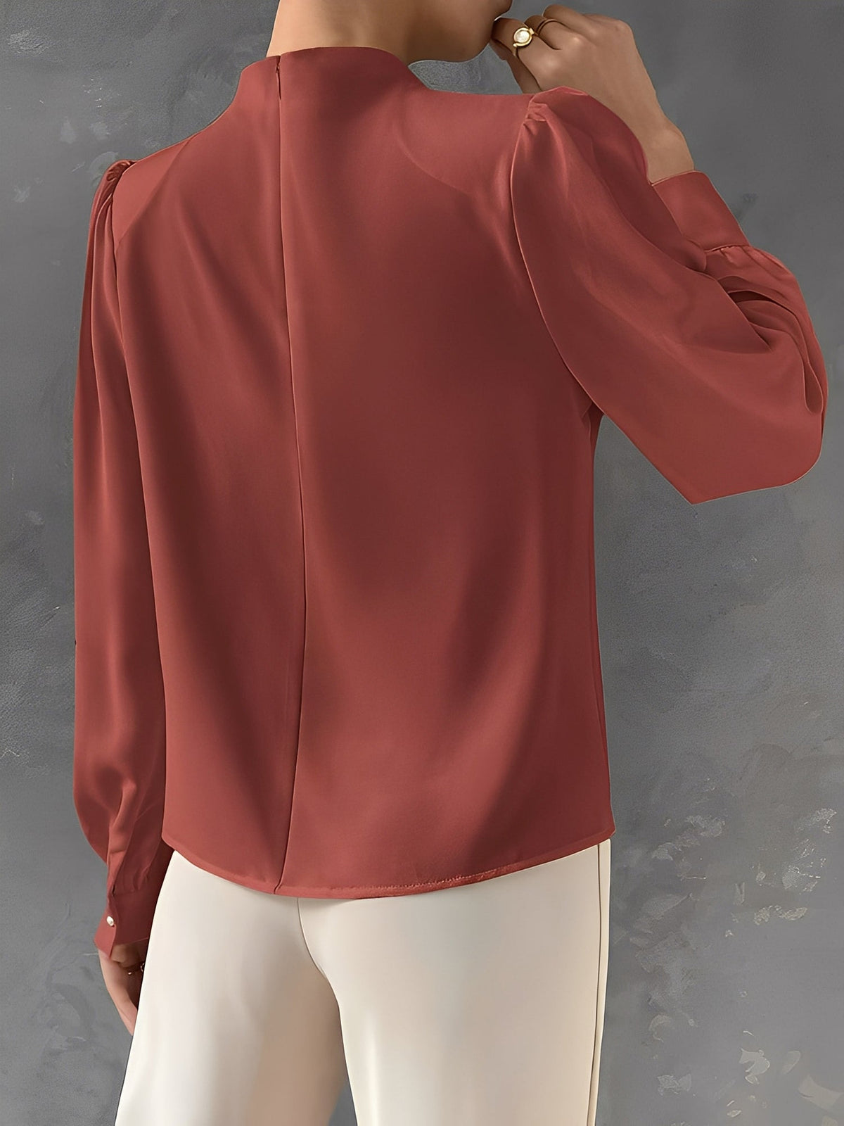 Satin Mock Neck Ruched Puff Sleeves Work Blouse