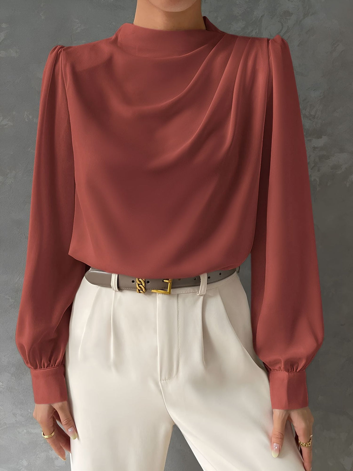 Satin Mock Neck Ruched Puff Sleeves Work Blouse