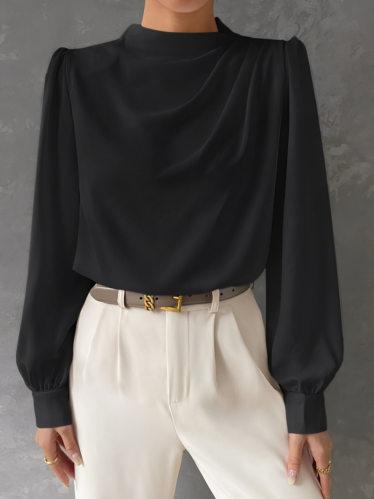 Satin Mock Neck Ruched Puff Sleeves Work Blouse