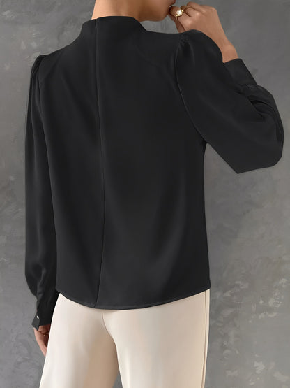 Satin Mock Neck Ruched Puff Sleeves Work Blouse