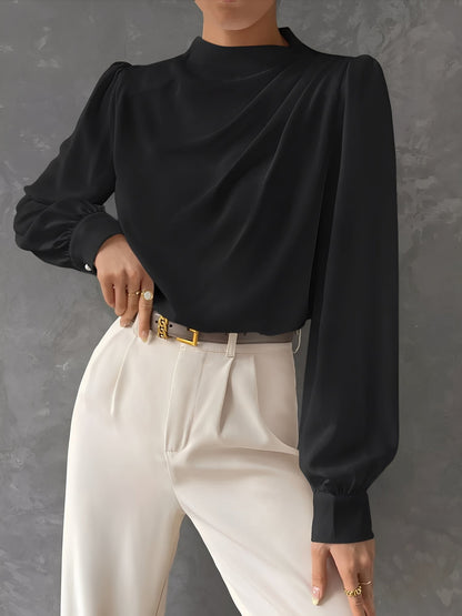 Satin Mock Neck Ruched Puff Sleeves Work Blouse